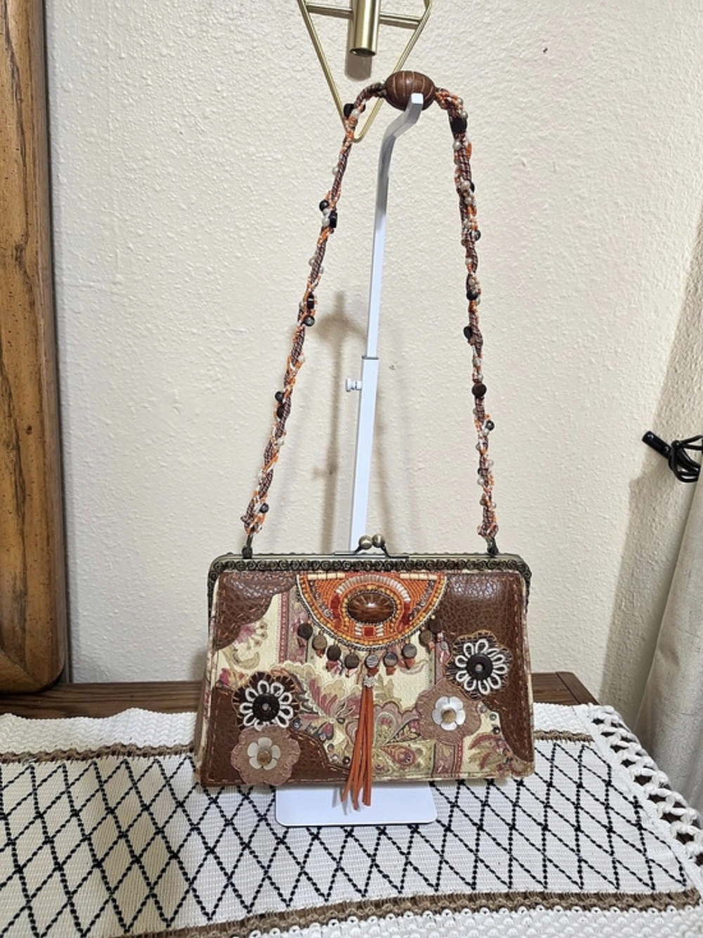 Mary Frances Beaded Floral Frame Shoulder Bag in Brown
